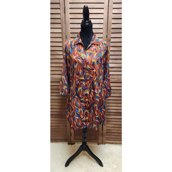 YCOO PARIS Psychedelic Shirt Dress Size Small S Rust Red Mix Smock Womens - Picture 1 of 8
